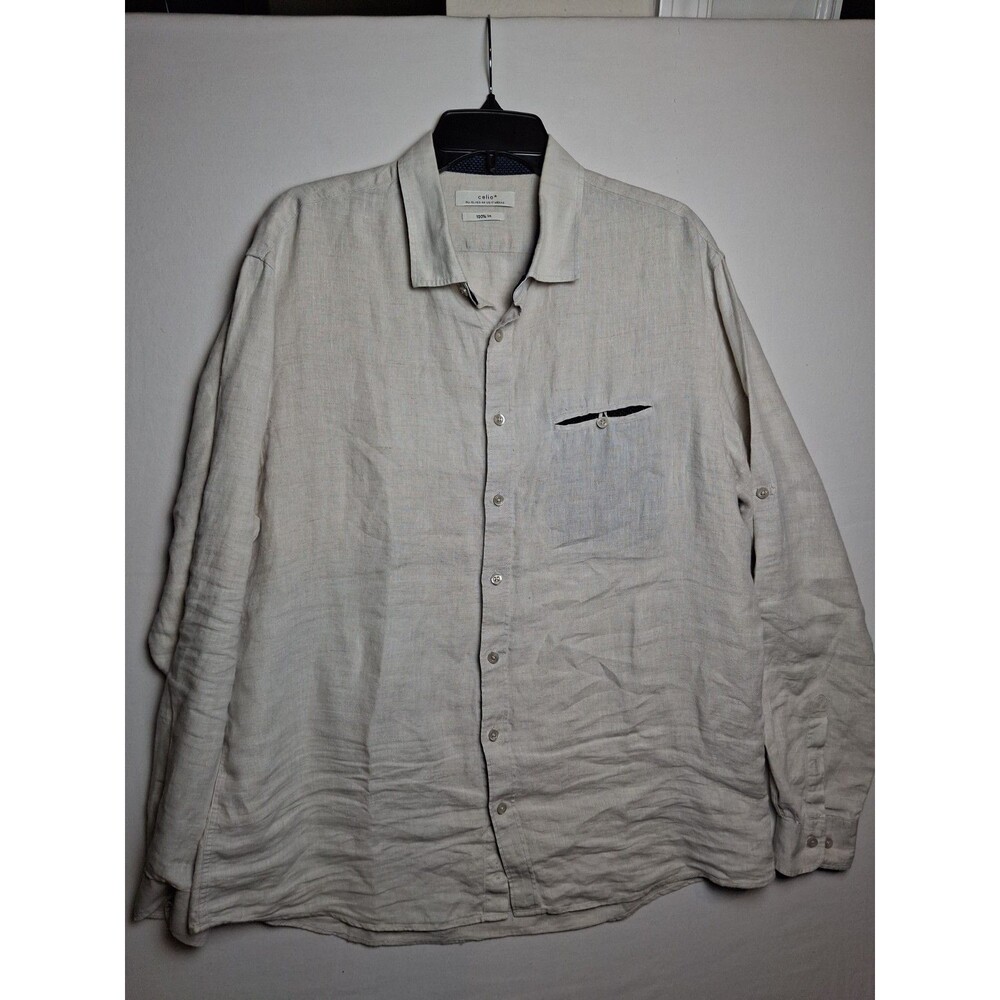 CELIO Men's 100% Linen Long Sleeve Button Up Shirt Beige Off White Size XL